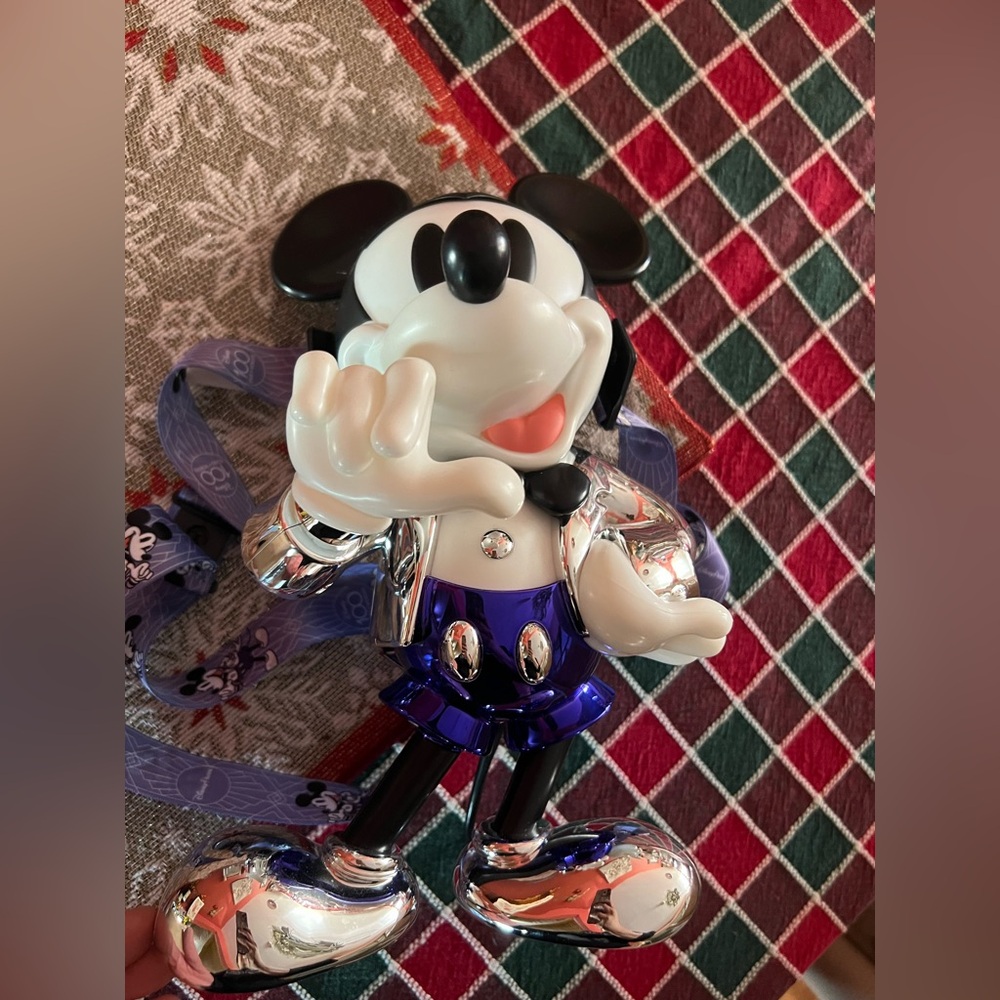 Disney 100 years Mickey Mouse Figurine with Silver and Blue Popcorn Bucket